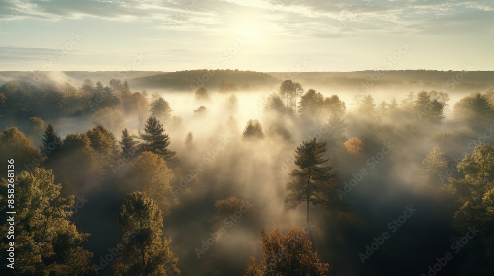 A serene drone shot of an autumn forest enveloped in a blanket of mist, with sunlight filtering through the trees, creating a dreamlike atmosphere. A serene drone shot of an autumn forest enveloped in a blanket of mist, with sunlight filtering through the trees, creating a dreamlike atmosphere.