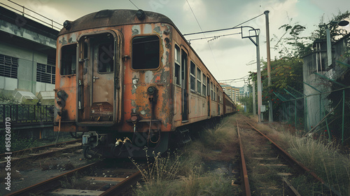 Vintage steam train in a foggy forest, rusted train tracks in a forgotten subway