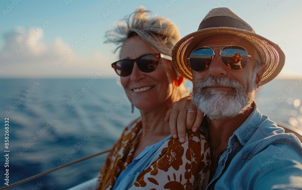A couple on a boat, smiling and posing for a picture. The man is wearing sunglasses and a hat A couple on a boat, smiling and posing for a picture. The man is wearing sunglasses and a hat