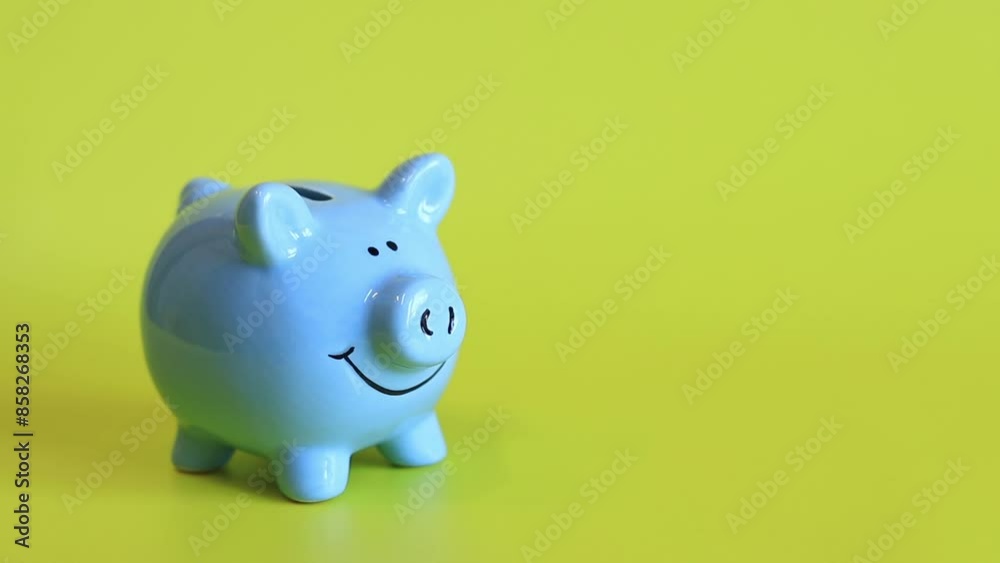 Piggy bank on a yellow background, close-up. Cute blue piggy bank. Save money for your dream. Save, collect money Piggy bank on a yellow background, close-up. Cute blue piggy bank. Save money for your dream. Save, collect money