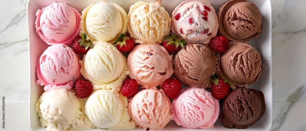 Craft a top-down perspective of a lavish ice cream platter featuring a variety of scoops in tantalizing flavors Craft a top-down perspective of a lavish ice cream platter featuring a variety of scoops in tantalizing flavors
