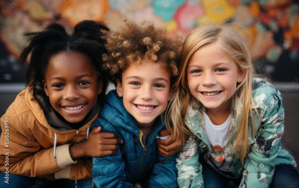 Three children with different hair colors are smiling and hugging each other. Scene is happy and friendly Three children with different hair colors are smiling and hugging each other. Scene is happy and friendly