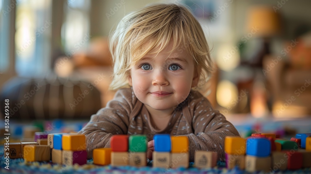 A toddler with blonde hair and blue eyes plays with colorful wooden blocks on a cozy carpet in a well-lit, comfortable room filled with toys and a warm atmosphere. A toddler with blonde hair and blue eyes plays with colorful wooden blocks on a cozy carpet in a well-lit, comfortable room filled with toys and a warm atmosphere.