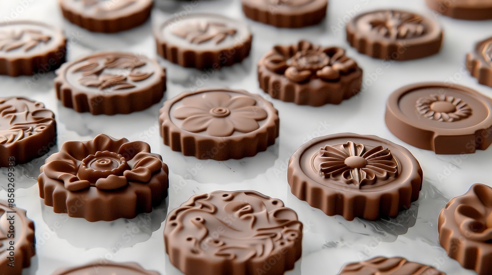 Create an adorable and detailed closeup of a random style chocolate coin featuring intricate patterns and designs. Create an adorable and detailed closeup of a random style chocolate coin featuring intricate patterns and designs.