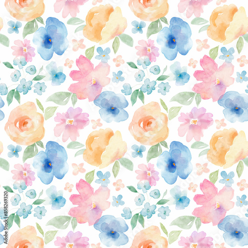 Fototapeta Naklejka Na Ścianę i Meble -  Beautiful floral seamless pattern with hand drawn watercolor abstract flowers. Stock illustration. Gentle summer design. Seamless print.