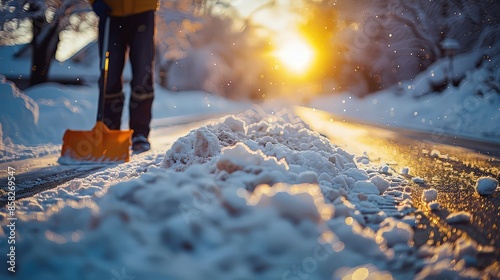 Digging in the snow, winter scene, shoveling snow, clearing path, cold weathe photo