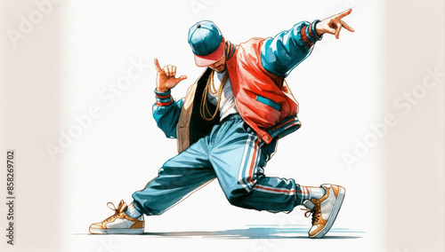 Illustration of a breakdancer in a dynamic pose on a light background, the dancer is wearing a red jacket, blue pants and white sneakers with gold chains and a cap