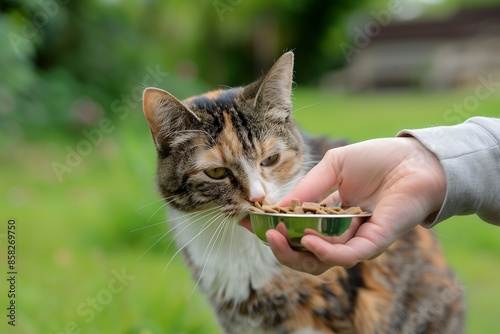 Freelance pet sitter feeding a cat in a tidy and welcoming kitchen at home, illustrates nurturing and professional side of pet care services