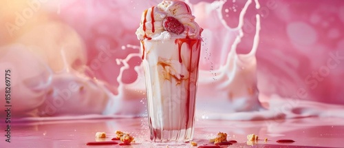 Craft a visually striking composition of a milkshake with a melting ice cream from behind, highlighting the creamy swirls and delicious toppings that evoke a sense of indulgence,
