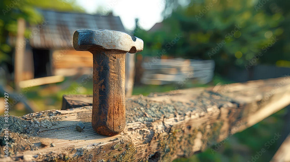 Fixing a broken fence: hammer and nails, wooden planks, backyard setting Fixing a broken fence: hammer and nails, wooden planks, backyard setting