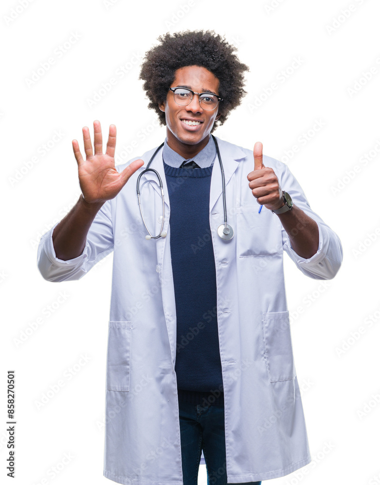 Afro american doctor man over isolated background showing and pointing up with fingers number six while smiling confident and happy. Afro american doctor man over isolated background showing and pointing up with fingers number six while smiling confident and happy.
