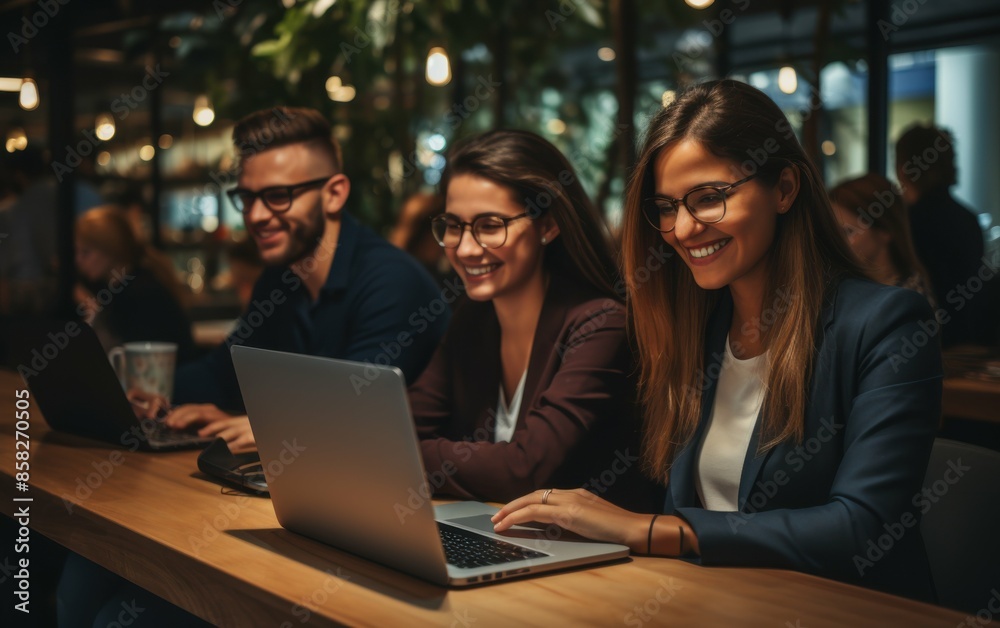 Three women are sitting at a table with laptops open, smiling and laughing. They seem to be enjoying each other's company and working together Three women are sitting at a table with laptops open, smiling and laughing. They seem to be enjoying each other's company and working together