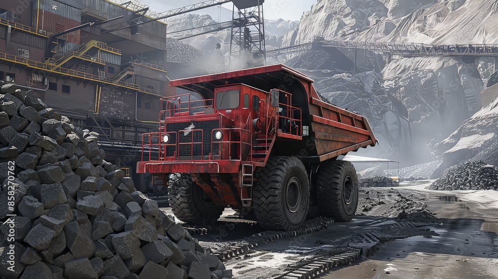 Mining truck in a coal mine loading coal. Mining truck in a coal mine loading coal.