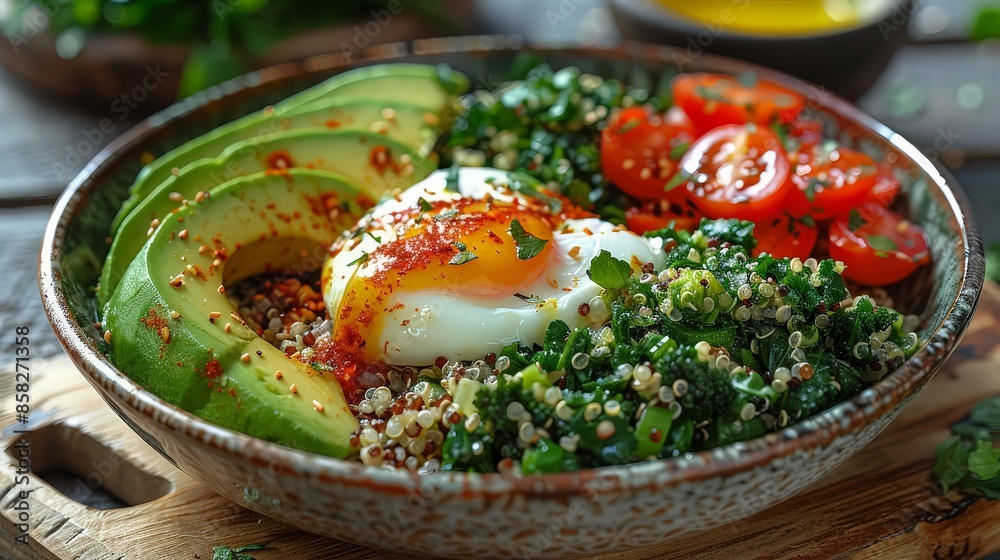 Quinoa breakfast bowl, roasted vegetables, avocado slices, poached egg, spicy sauce, wholesome ingredients, ceramic bowl Quinoa breakfast bowl, roasted vegetables, avocado slices, poached egg, spicy sauce, wholesome ingredients, ceramic bowl
