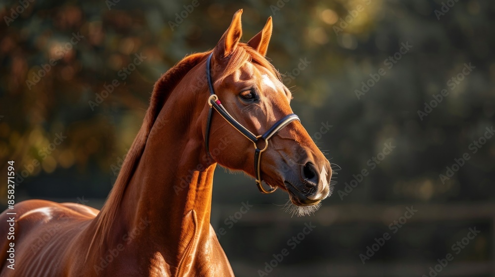 Fototapeta premium A brown horse with a black bridle and a black nose