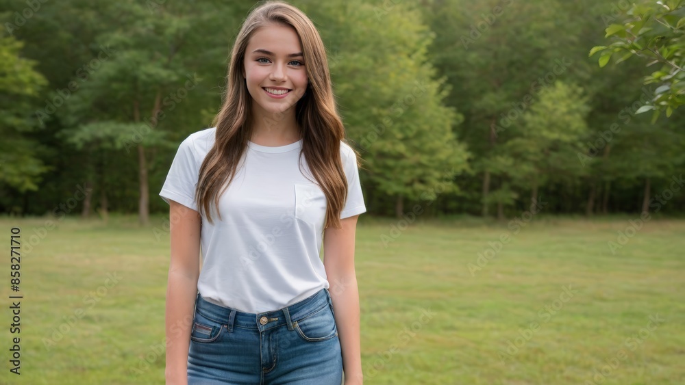 Teenage girl wearing white t-shirt and blue jeans standing in nature Teenage girl wearing white t-shirt and blue jeans standing in nature