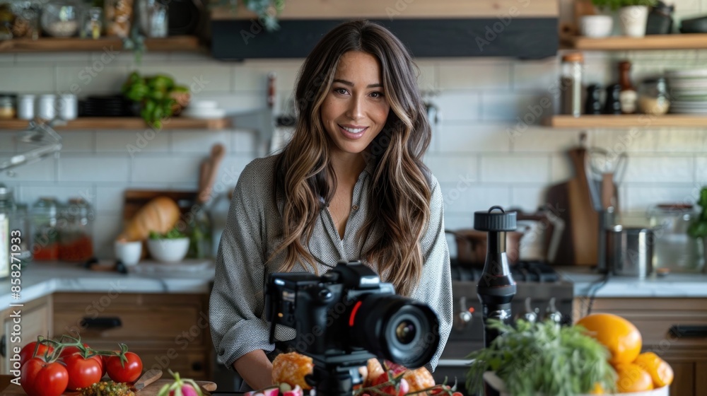 A woman records a tutorial video in a well-organized kitchen using a tripod-mounted camera and various cooking ingredients around her The scene is vibrant and instructional A woman records a tutorial video in a well-organized kitchen using a tripod-mounted camera and various cooking ingredients around her The scene is vibrant and instructional