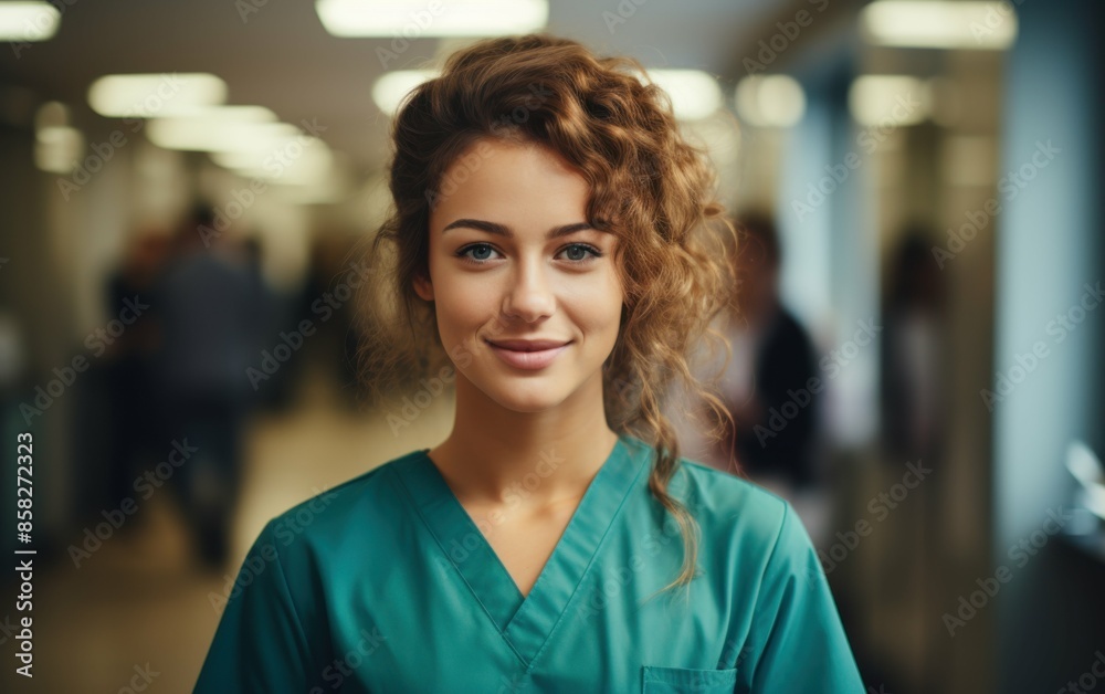 A woman in a green scrubs is smiling at the camera. She is wearing a green shirt and a green skirt A woman in a green scrubs is smiling at the camera. She is wearing a green shirt and a green skirt