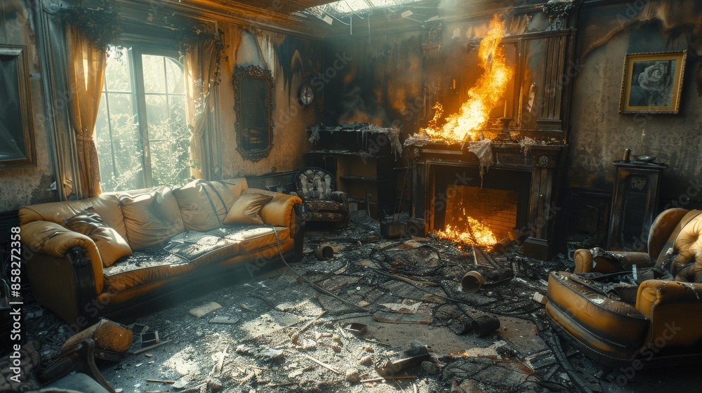 This scene depicts a room destroyed by fire, featuring a yellow couch and a fireplace still ablaze, surrounded by burnt furniture and debris amid an intensely dramatic atmosphere. This scene depicts a room destroyed by fire, featuring a yellow couch and a fireplace still ablaze, surrounded by burnt furniture and debris amid an intensely dramatic atmosphere.