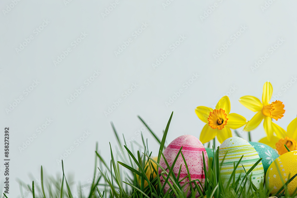 Fototapeta premium Colorful Easter Eggs and Daffodils on White Background