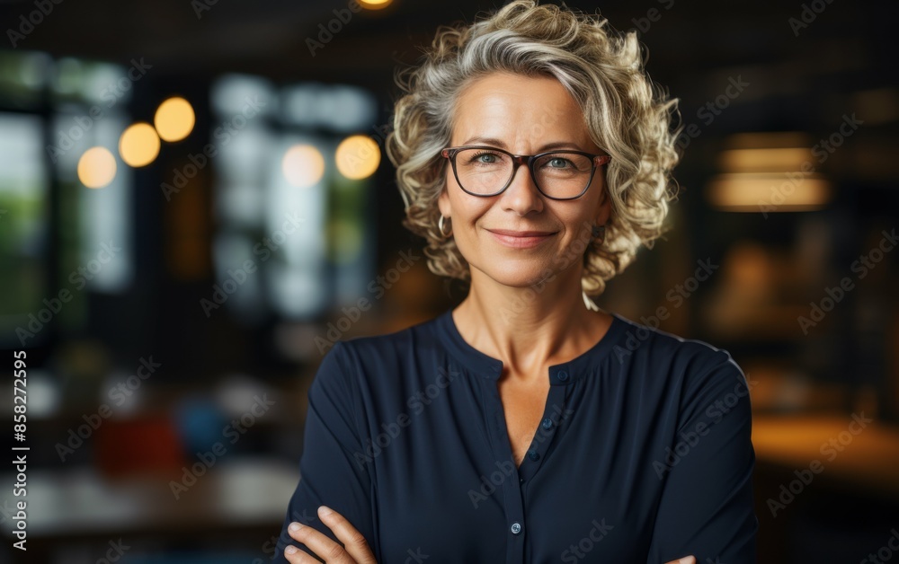 A woman with glasses and a smile is standing in front of a table with chairs. She is wearing a blue shirt and has her arms crossed A woman with glasses and a smile is standing in front of a table with chairs. She is wearing a blue shirt and has her arms crossed
