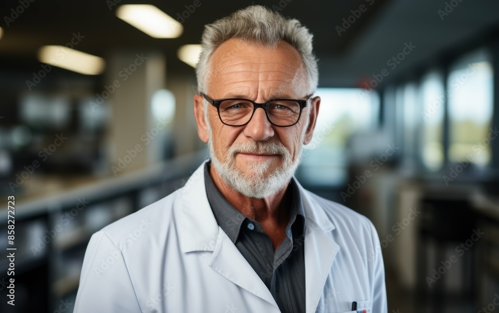 A man in a white lab coat and glasses is smiling for the camera. He looks friendly and approachable A man in a white lab coat and glasses is smiling for the camera. He looks friendly and approachable