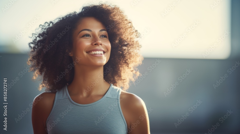 Photograph of a beaming black woman fitness enthusiast, exuding confidence and accomplishment, standing tall after a vigorous morning run. Photograph of a beaming black woman fitness enthusiast, exuding confidence and accomplishment, standing tall after a vigorous morning run.