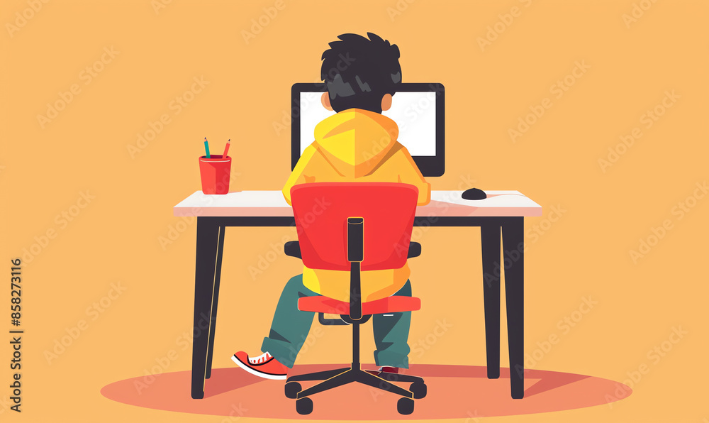 Child Sitting at Desk in Flat Design Illustration Child Sitting at Desk in Flat Design Illustration