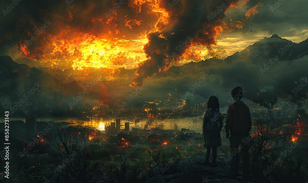 Surreal artwork depicts children witnessing devastation in a war-torn landscape. illustration images Surreal artwork depicts children witnessing devastation in a war-torn landscape. illustration images