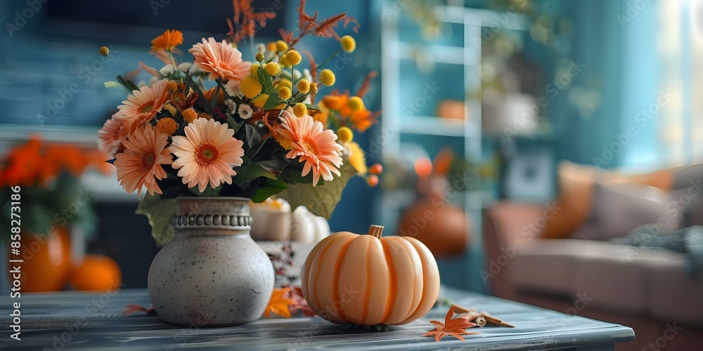 Decorating a Thanksgiving-themed living room table with pumpkins, flowers, and classic decorations. Concept Thanksgiving Decor, Living Room Table, Pumpkins, Flowers, Classic Decorations Decorating a Thanksgiving-themed living room table with pumpkins, flowers, and classic decorations. Concept Thanksgiving Decor, Living Room Table, Pumpkins, Flowers, Classic Decorations
