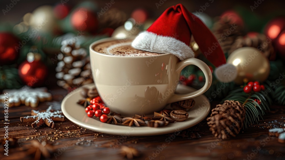 Fototapeta premium Happy New Year and Merry Christmas, Coffee cup with Santa's hat on top surrounded by Christmas decorations on wooden background, Copy space, generative ai 