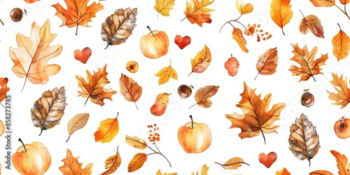Autumn pattern with leaves, apples, acorns on white