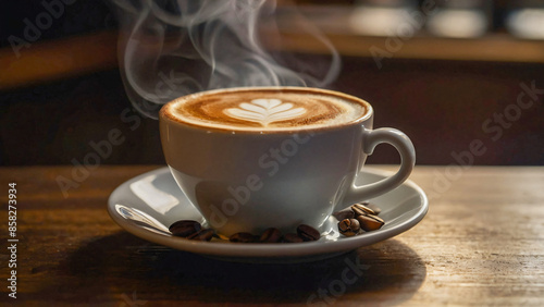 a steaming cup of coffee with latte art on a plate, accompanied by coffee beans