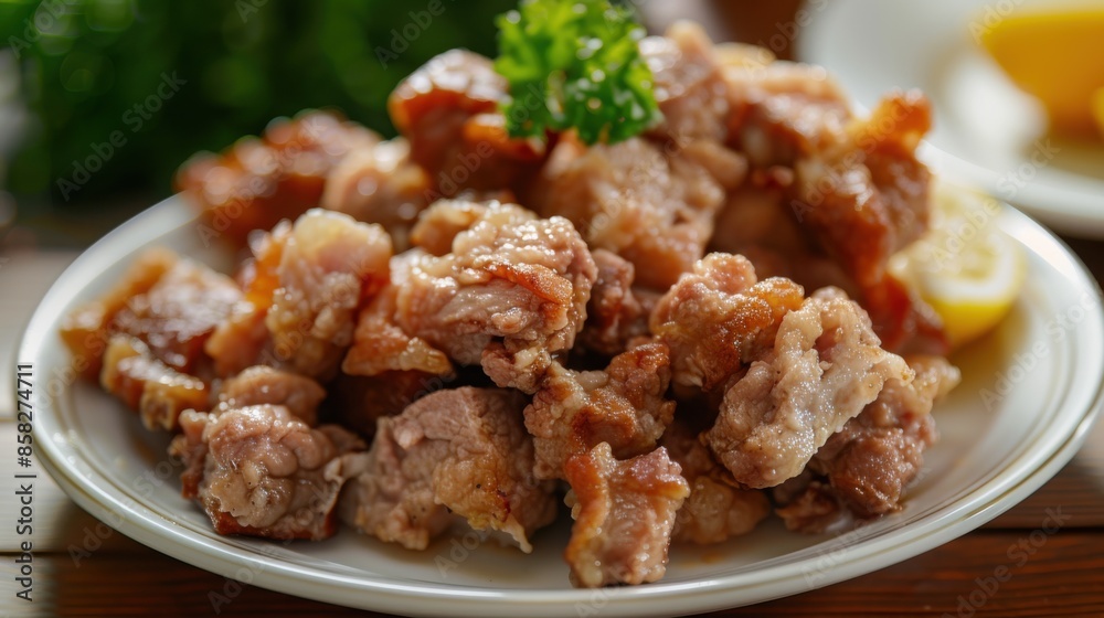 Fried Pork Greaves on Plate. Heap of Delicious Fried Pork Meat with Lard Fried Pork Greaves on Plate. Heap of Delicious Fried Pork Meat with Lard