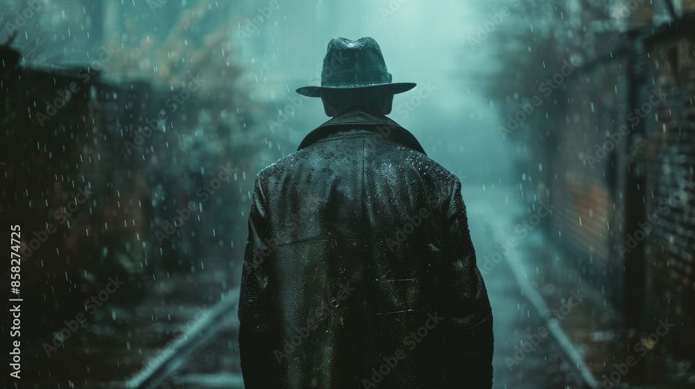 A lone man, dressed in a coat and hat, walks down a misty alley under the rain, capturing an image full of mystery and introspection in a secluded urban environment. A lone man, dressed in a coat and hat, walks down a misty alley under the rain, capturing an image full of mystery and introspection in a secluded urban environment.