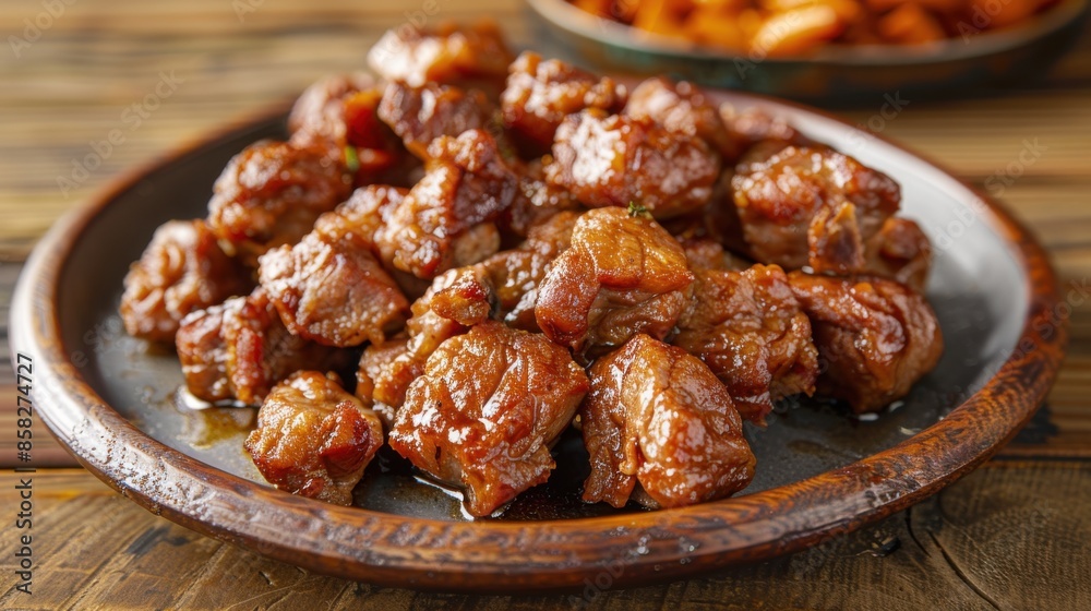 Fried Pork: A Delicious Meal with Crispy Greaves on White Plate Fried Pork: A Delicious Meal with Crispy Greaves on White Plate