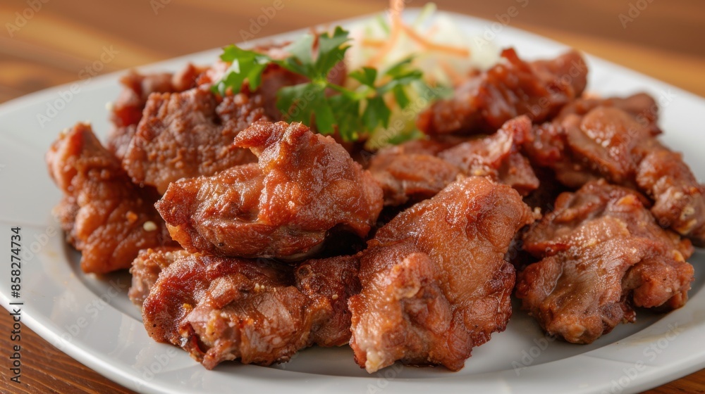 Fried Pork: Delicious Heap of Pork Meat and Lard on White Plate Fried Pork: Delicious Heap of Pork Meat and Lard on White Plate