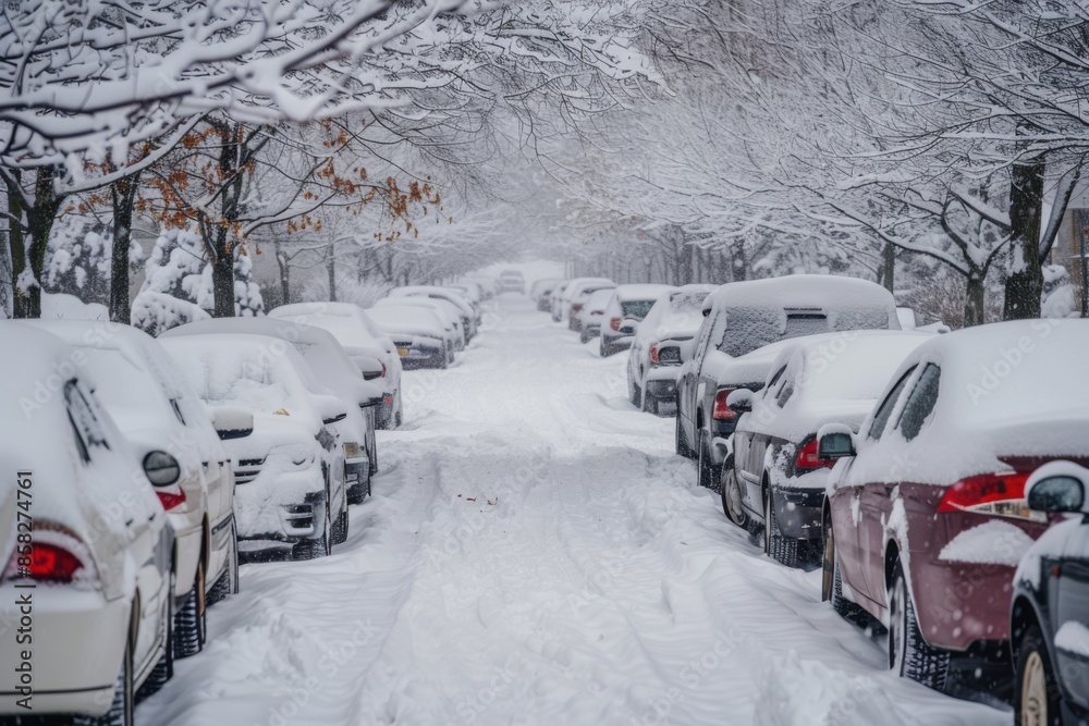 Snow Storm Hits Parked Cars: Cold Weather Blanketing Vehicles in White Snow Snow Storm Hits Parked Cars: Cold Weather Blanketing Vehicles in White Snow