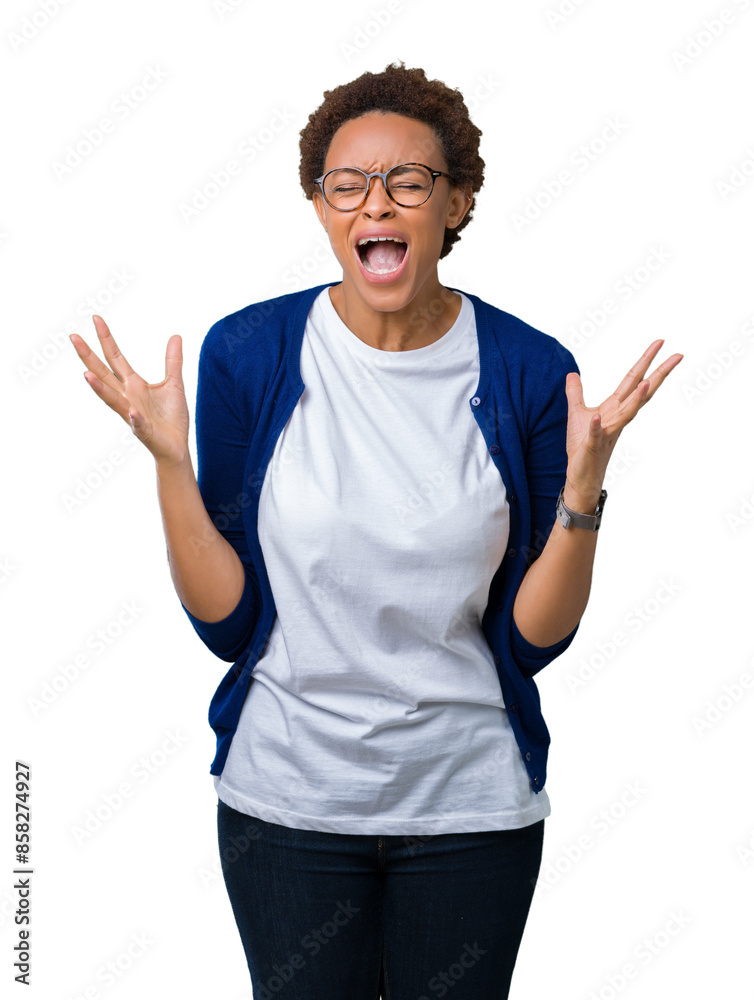 Young beautiful african american woman wearing glasses over isolated background crazy and mad shouting and yelling with aggressive expression and arms raised. Frustration concept. Young beautiful african american woman wearing glasses over isolated background crazy and mad shouting and yelling with aggressive expression and arms raised. Frustration concept.