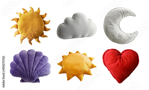 Set of decorative pillows, various shapes, isolated on transparent or white background, png photo