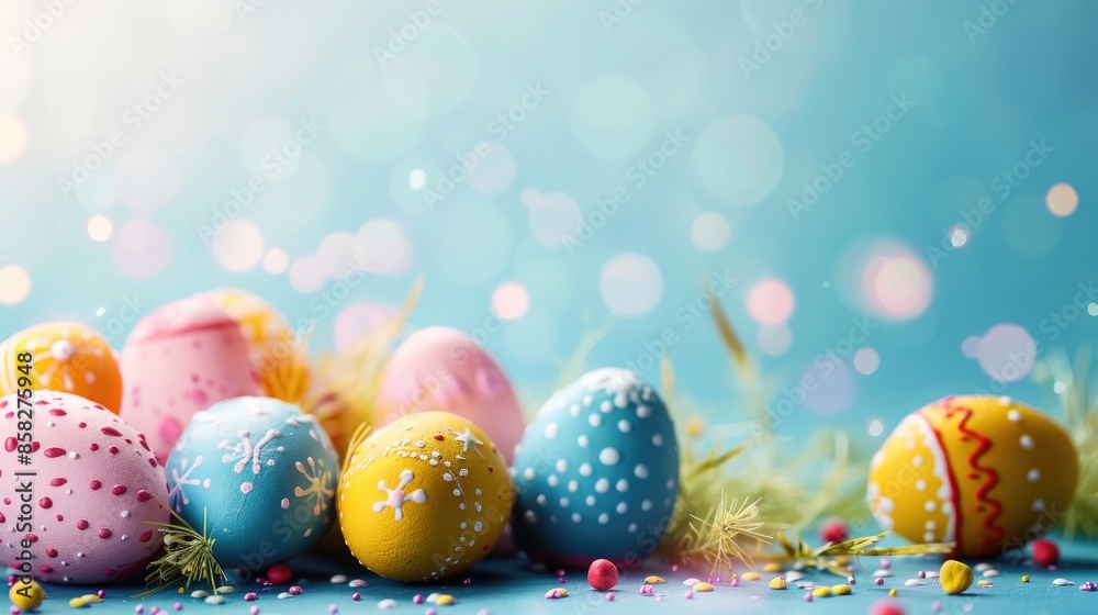 Bright background featuring colorful handmade Easter eggs ideal for Easter celebration concepts with text space Bright background featuring colorful handmade Easter eggs ideal for Easter celebration concepts with text space