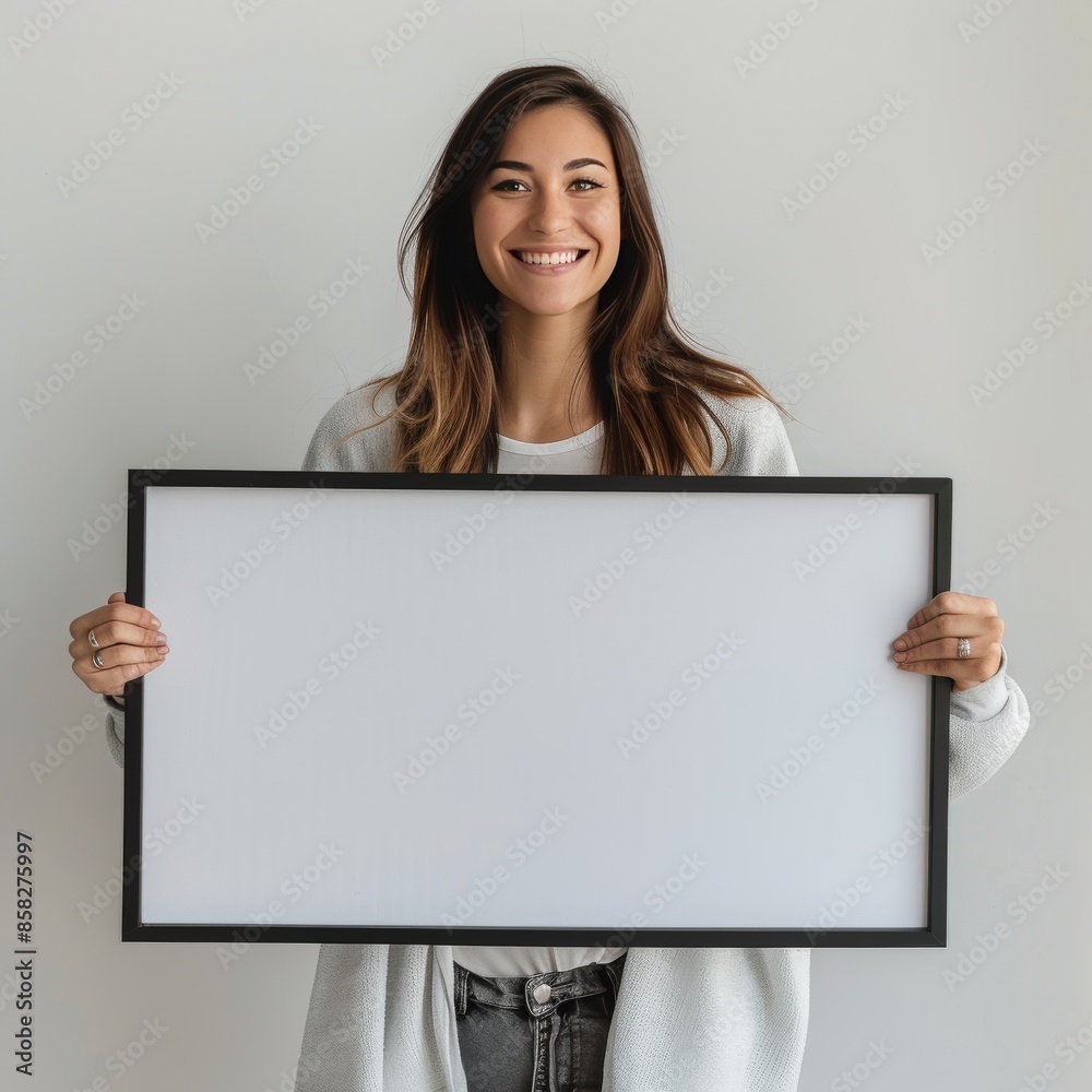 A young girl holds a white paper poster in front of her with an empty space. A young girl holds a white paper poster in front of her with an empty space.