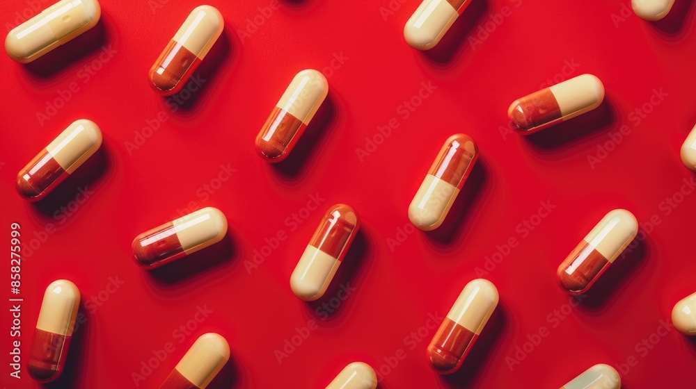 Biohacking concept Pills on red background with text Biohacking concept Pills on red background with text