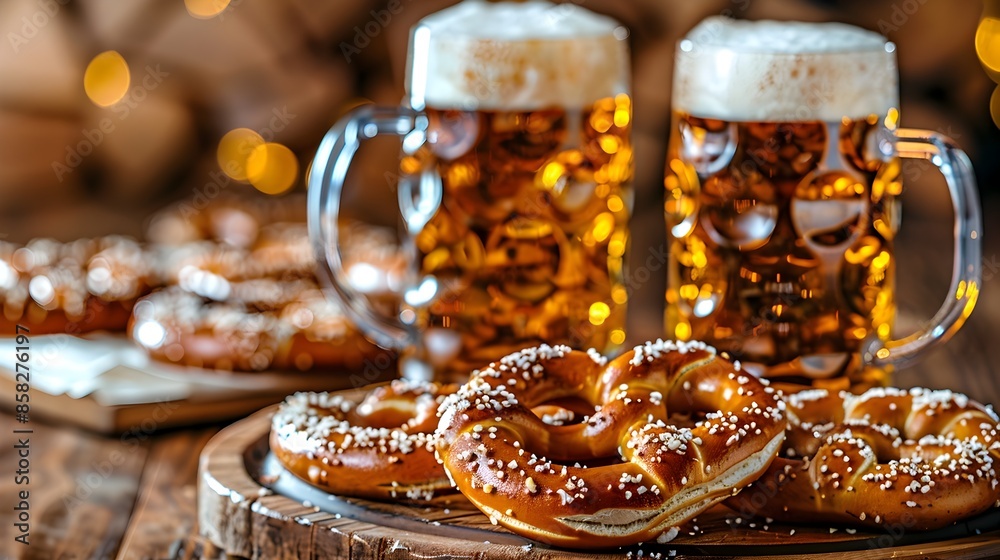 Rustic Pretzel and Beer Still Life on Wooden Table in Soft Light Rustic Pretzel and Beer Still Life on Wooden Table in Soft Light