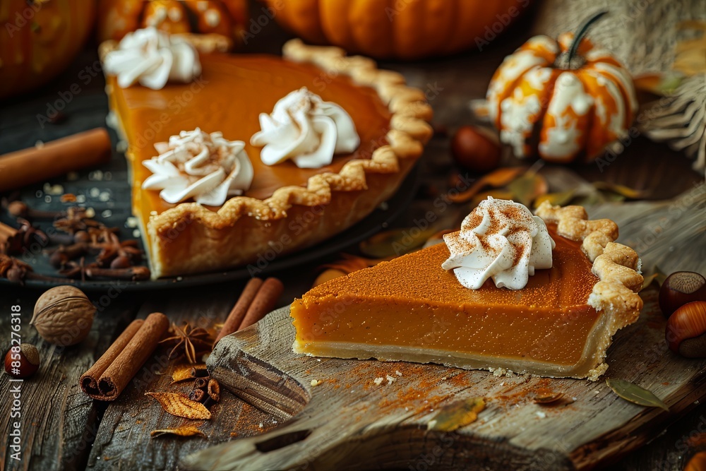 Pumpkin pie with slices cut out on rustic wooden table. Beautiful photography concept Pumpkin pie with slices cut out on rustic wooden table. Beautiful photography concept