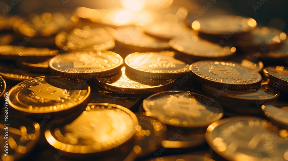 Midday Radiance Illuminating Bountiful Gold Coin Pile Opulent Reflective Closeup Shot Midday Radiance Illuminating Bountiful Gold Coin Pile Opulent Reflective Closeup Shot