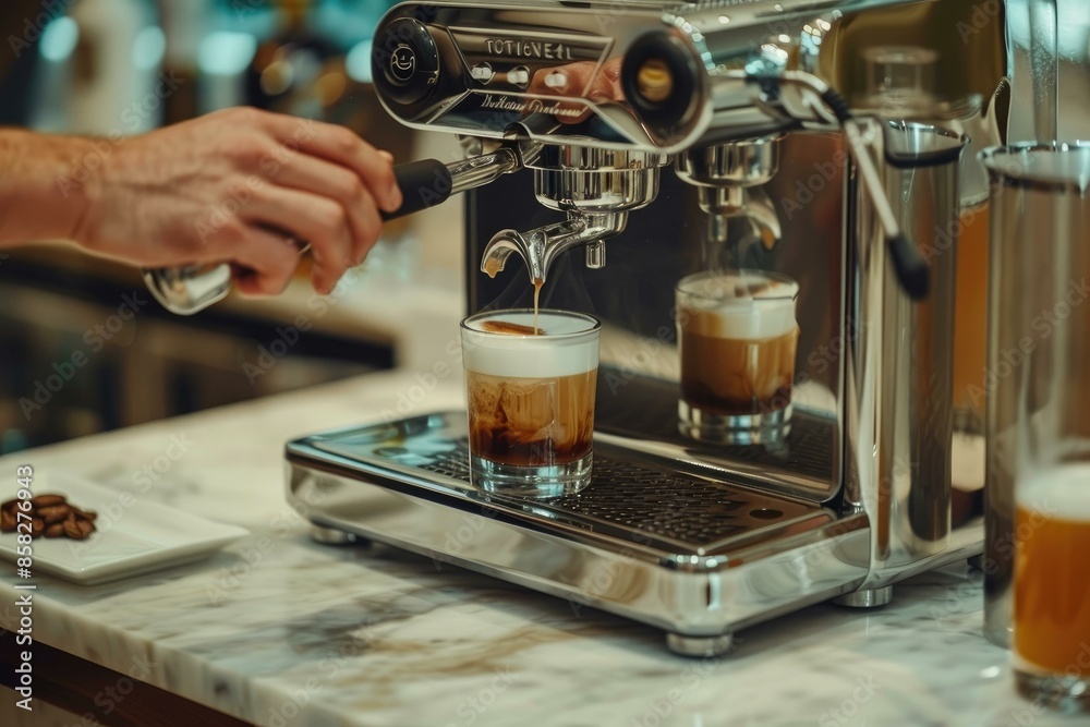 A skilled barista using a professional espresso machine to prepare a delicious coffee drink. A skilled barista using a professional espresso machine to prepare a delicious coffee drink.