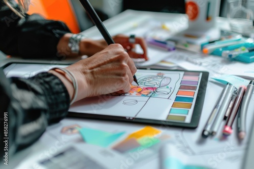 A professional marketer designing a new logo on a desk cluttered with art supplies. photo