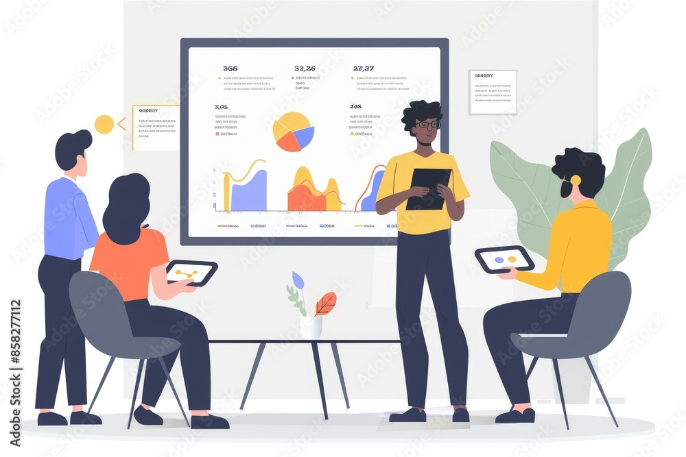 A team discussing a product strategy with charts and presentations. A team discussing a product strategy with charts and presentations.