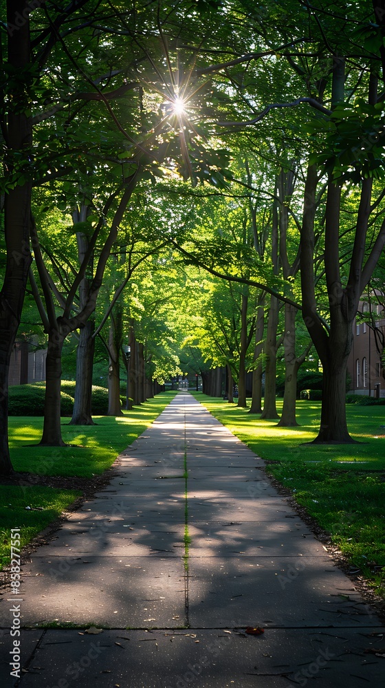 Sidewalk leading to campus surrounded by green bushes and trees Sidewalk leading to campus surrounded by green bushes and trees